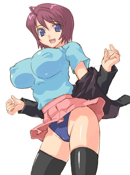 hirose (mokiki), lunamaria hawke, gundam, gundam seed, gundam seed destiny, 00s, ahoge, blue eyes, breast expansion, breasts, huge breasts, large breasts, panties, red hair, short hair, solo, thighhighs, underwear