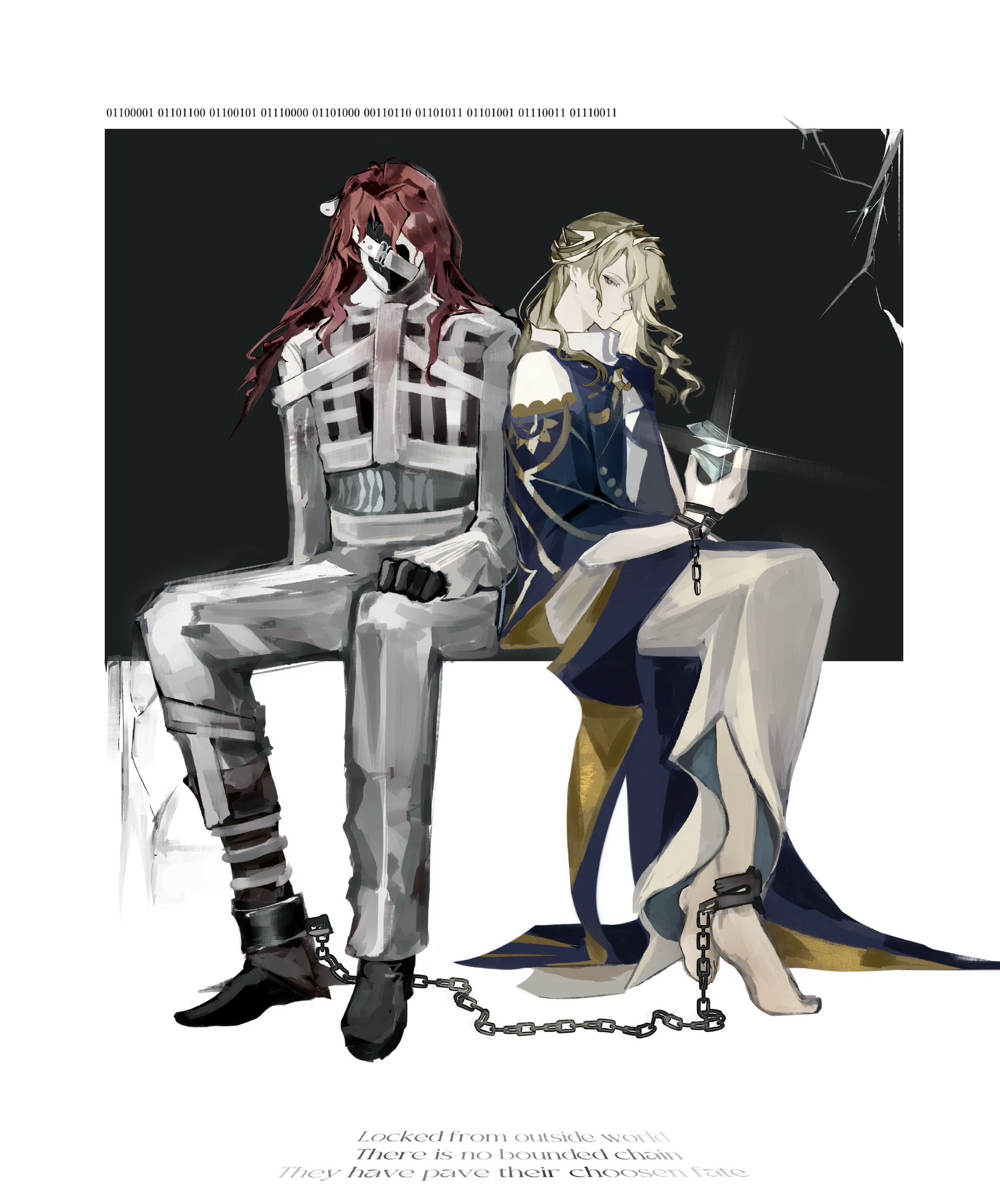 klepon, 6 (reverse:1999), aleph (reverse:1999), reverse:1999, highres, 2boys, ancient greek clothes, ankle cuffs, barefoot, binary, black background, black gloves, black mask, black shoes, blonde hair, blue eyes, chain, circlet, covered face, english text, facing viewer, from side, full body, gloves, greco-roman clothes, himation, holding, long hair, looking at viewer, male focus, multiple boys, pants, profile, red hair, shirt, shoes, sitting, white background, white pants, white shirt
