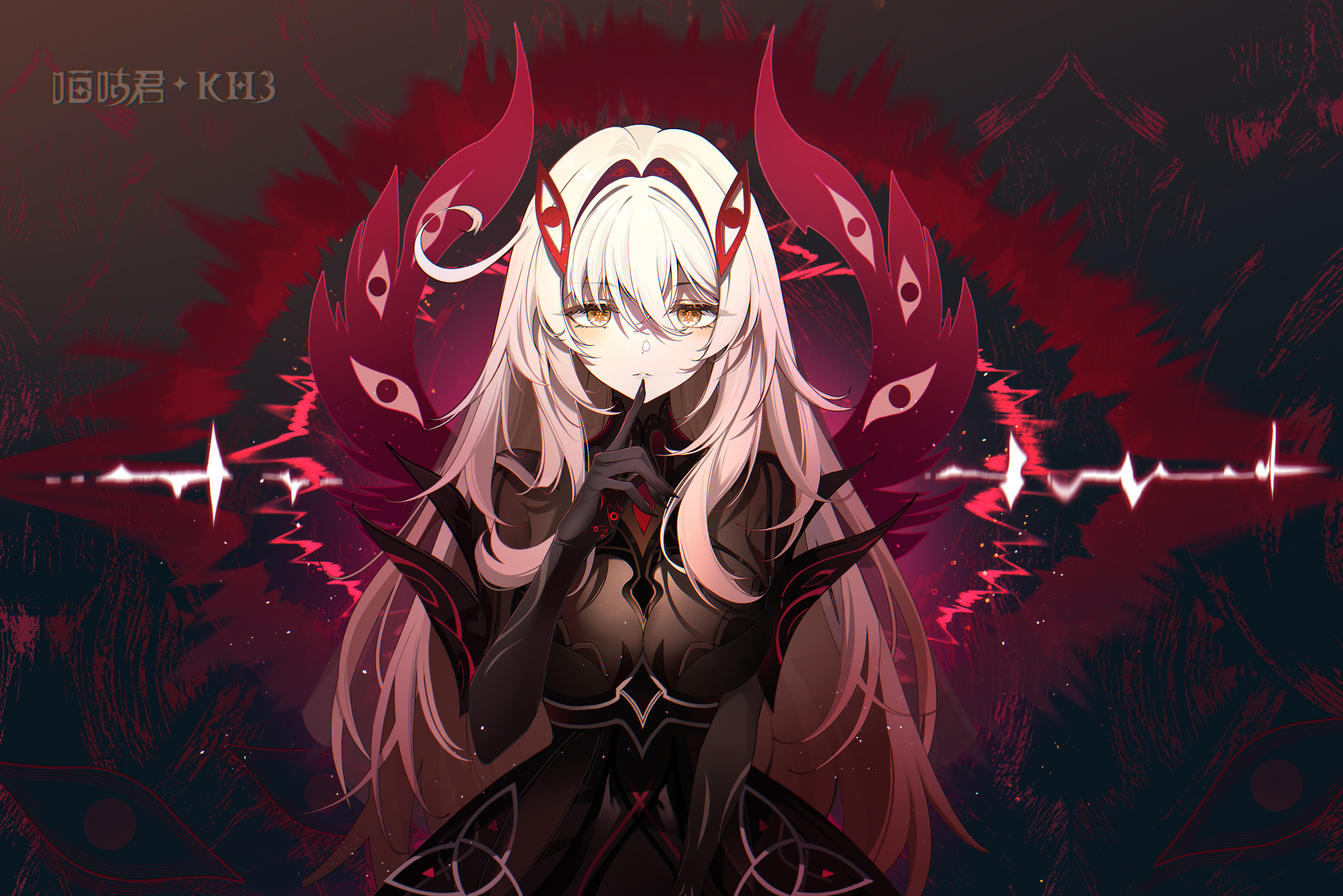 miaogujun, ronova (genshin impact), genshin impact, chinese commentary, commentary request, highres, 1girl, artist name, black dress, black nails, breasts, closed mouth, cowboy shot, dress, extra eyes, fingernails, hair between eyes, hair intakes, hand up, index finger raised, large breasts, long fingernails, long hair, looking at viewer, sharp fingernails, solo, white hair, yellow eyes