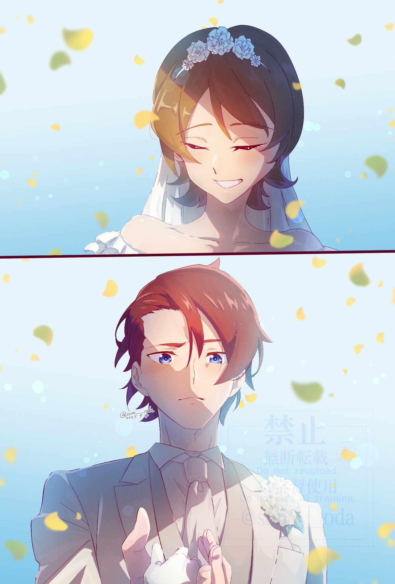 oomori yuuko, phantom (happinesscharge precure!), happinesscharge precure!, precure, highres, 1boy, 1girl, artist name, bare shoulders, blue eyes, blurry, blush, bob cut, bridal veil, brown hair, closed eyes, closed mouth, collarbone, confetti, couple, depth of field, dress, flower, flower head, flower in pocket, flower on head, formal clothes, gloves, hair ornament, holding, holding hands, jacket, long sleeves, mature male, motion blur, neck, necktie, open clothes, open jacket, parted bangs, party popper, red hair, short hair, smile, tearing up, tears, tuxedo, twitter username, upper body, veil, wasa7subi, watermark, wedding, wedding dress, white flower, white gloves