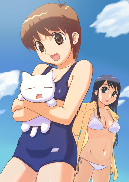 hirose (mokiki), original, 2girls, bikini, breasts, brown eyes, brown hair, cat, day, flat chest, hug, long hair, lowleg, lowleg bikini, medium breasts, multiple girls, one-piece swimsuit, open clothes, open shirt, school swimsuit, shirt, short hair, side-tie bikini bottom, sky, swimsuit