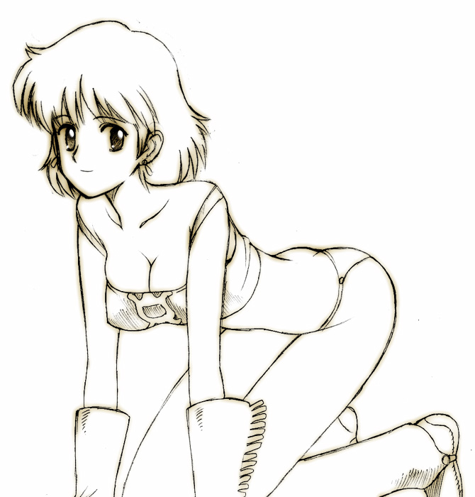 kikumaru bunta, nausicaa, kaze no tani no nausicaa, studio ghibli, 1980s (style), 1girl, bikini, breasts, cleavage, earrings, female focus, greyscale, jewelry, monochrome, oldschool, retro artstyle, short hair, sketch, smile, solo, swimsuit