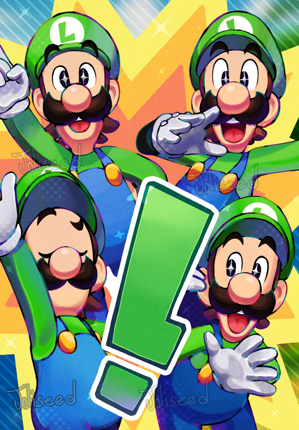 luigi, mario & luigi: brothership, mario & luigi rpg, mario (series), nintendo, joliseed , brown hair, dancing, facial hair, gloves, hat, mustache, overalls, shirt, smile, surprised, thinking
