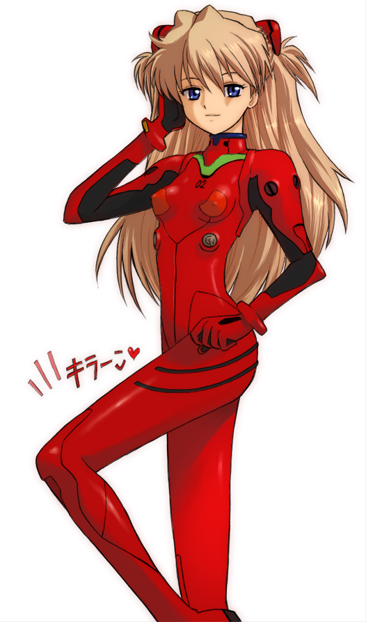 kikumaru bunta, souryuu asuka langley, neon genesis evangelion, 1girl, ^^^, blue eyes, bracer, covered erect nipples, female focus, from side, hair between eyes, hand on own head, legs apart, long hair, long legs, mecha pilot suit, plugsuit (evangelion), simple background, skin tight, solo, standing, standing on one leg, two side up, white background