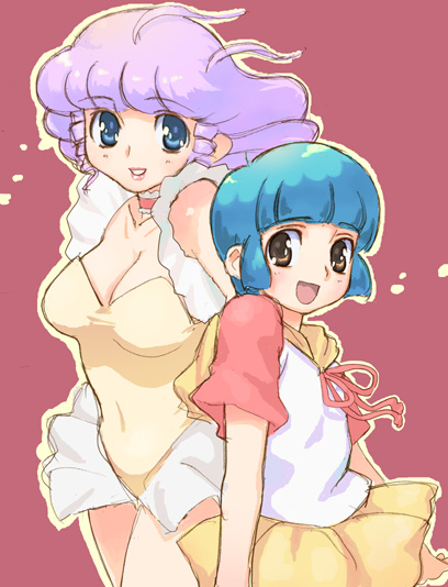 hirose (mokiki), creamy mami, morisawa yuu, mahou no star magical emi, mahou no tenshi creamy mami, 1980s (style), 2girls, ahoge, blue eyes, blue hair, breasts, brown eyes, cleavage, drill hair, dual persona, idol, leotard, long hair, magical girl, medium breasts, multiple girls, purple hair, retro artstyle, short hair