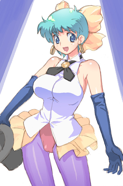 hirose (mokiki), kazuki mai, magical emi, mahou no star magical emi, 1980s (style), 1girl, blue eyes, blue hair, bow, breasts, earrings, elbow gloves, female focus, gloves, hair bow, hat, jewelry, large breasts, lipstick, magical girl, makeup, matching hair/eyes, oldschool, pantyhose, retro artstyle, short hair, solo, top hat