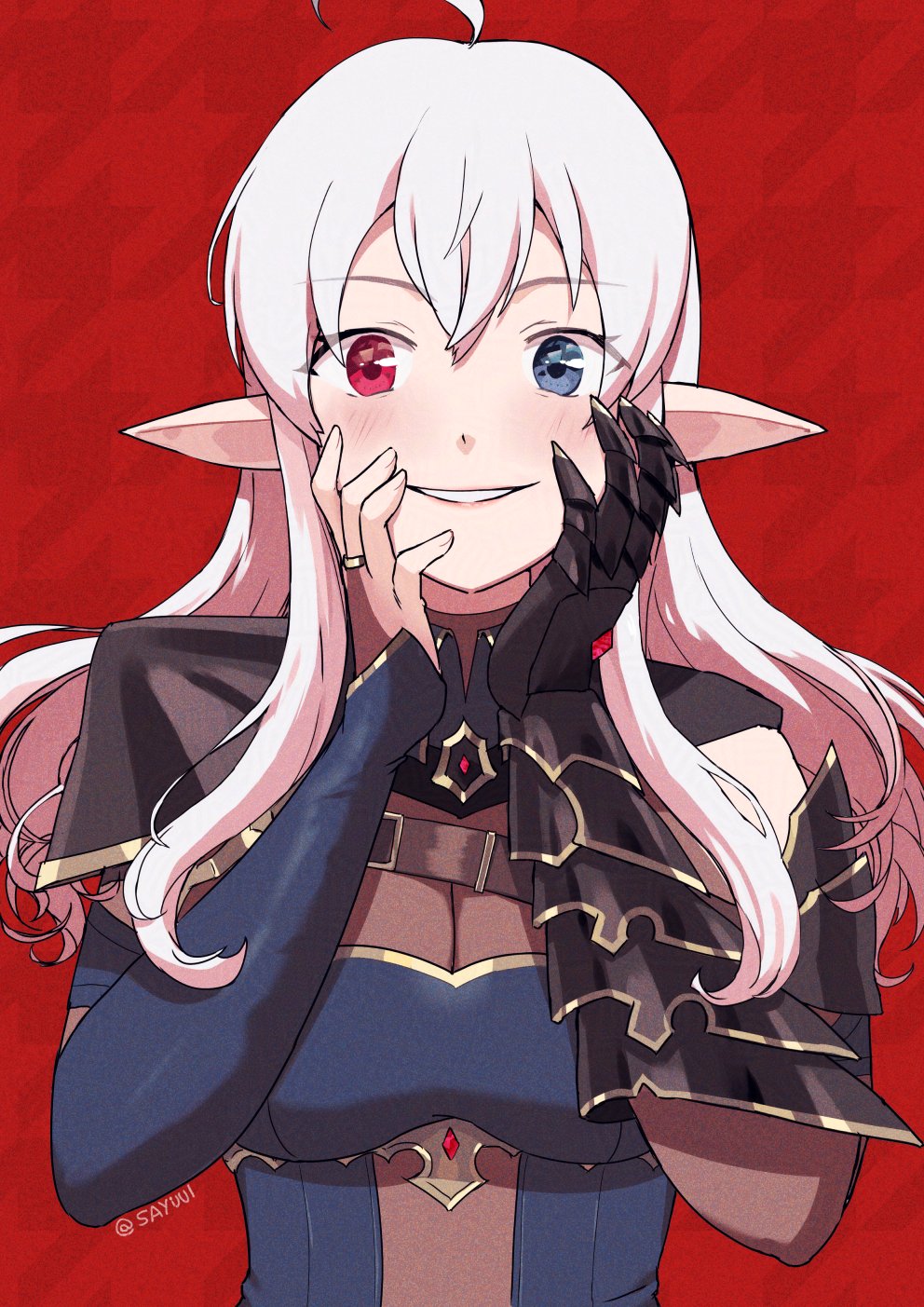 sayuui, general geega, general geega (1st costume), indie virtual youtuber, highres, 1girl, ahoge, black gauntlets, blue dress, blue eyes, blush, breasts, cleavage, dress, gauntlets, grey hair, hands on own face, heterochromia, long hair, pointy ears, red background, red eyes, single bare shoulder, single gauntlet, smile, straight-on, twitter username, virtual youtuber