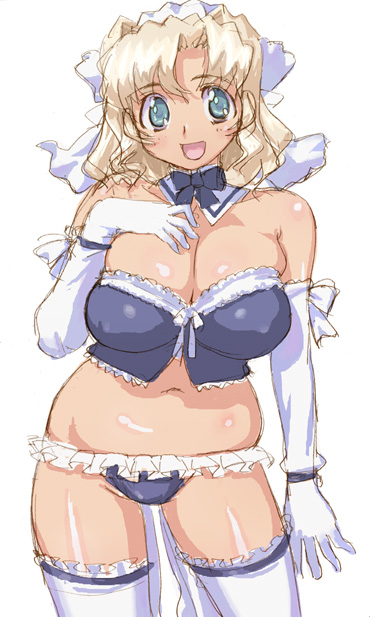 hirose (mokiki), original, 1girl, blonde hair, blue eyes, breasts, cleavage, curvy, elbow gloves, female focus, ganguro, gloves, gyaru, huge breasts, long hair, maid, panties, solo, thighhighs, underwear, white thighhighs, wide hips