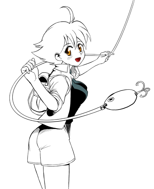 kikumaru bunta, umihara kawase (character), umihara kawase, 1girl, ahoge, backpack, bag, brown eyes, cowboy shot, female focus, fish hook, fishing, fishing line, fishing lure, open mouth, randoseru, short hair, shorts, solo, white background