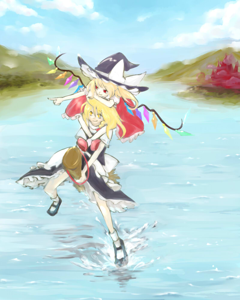 satou, flandre scarlet, kirisame marisa, touhou, 2girls, blonde hair, borrowed clothes, broom, broom riding, cloud, day, female focus, hat, headwear switch, multiple girls, outdoors, red eyes, sky, water, wings, witch, witch hat, yellow eyes