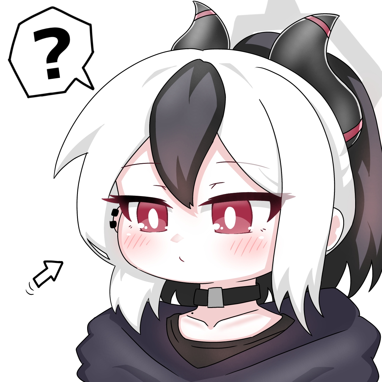 tomimon, kayoko (blue archive), blue archive, commentary request, highres, 1girl, ?, black hair, black hoodie, blush, closed mouth, collarbone, cursor, ear piercing, hair between eyes, halo, hood, hood down, hoodie, horns, motion lines, multicolored hair, piercing, ponytail, red eyes, solo, spoken question mark, two-tone hair, upper body, white hair