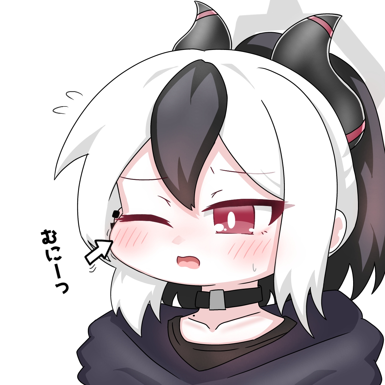 tomimon, kayoko (blue archive), blue archive, highres, translation request, 1girl, black hair, black hoodie, blush, cheek pull, collarbone, cursor, ear piercing, flying sweatdrops, hair between eyes, halo, hood, hood down, hoodie, horns, motion lines, multicolored hair, one eye closed, open mouth, piercing, ponytail, red eyes, small sweatdrop, solo, sweat, two-tone hair, upper body, white hair