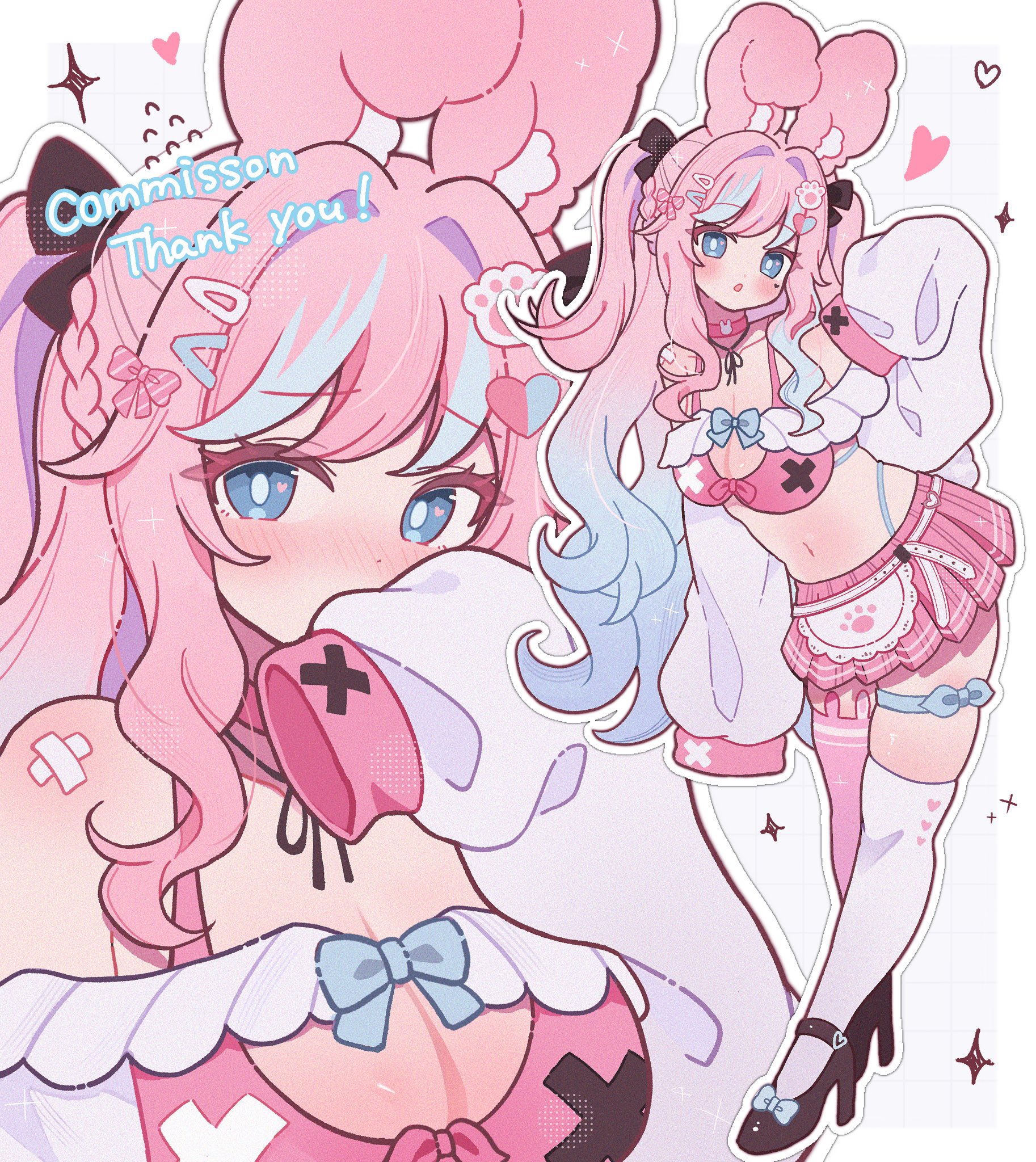 omuyan, original, commission, highres, skeb commission, 1girl, animal ears, asymmetrical legwear, blue eyes, blue hair, blush, bow, breasts, cleavage, gradient hair, hair bow, hair ornament, heart, long hair, looking at viewer, mismatched legwear, multicolored hair, multiple views, navel, pink hair, pink skirt, rabbit ears, rabbit girl, skirt, sleeves past fingers, sleeves past wrists, thigh strap, thighhighs, underwear, virtual youtuber, white thighhighs