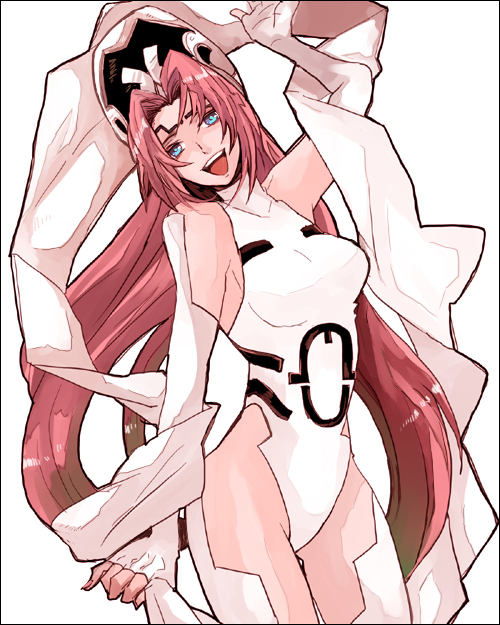 sudachips, so dakki, houshin engi, bad id, bad pixiv id, 1990s (style), blue eyes, bodysuit, long hair, red hair, retro artstyle, solo