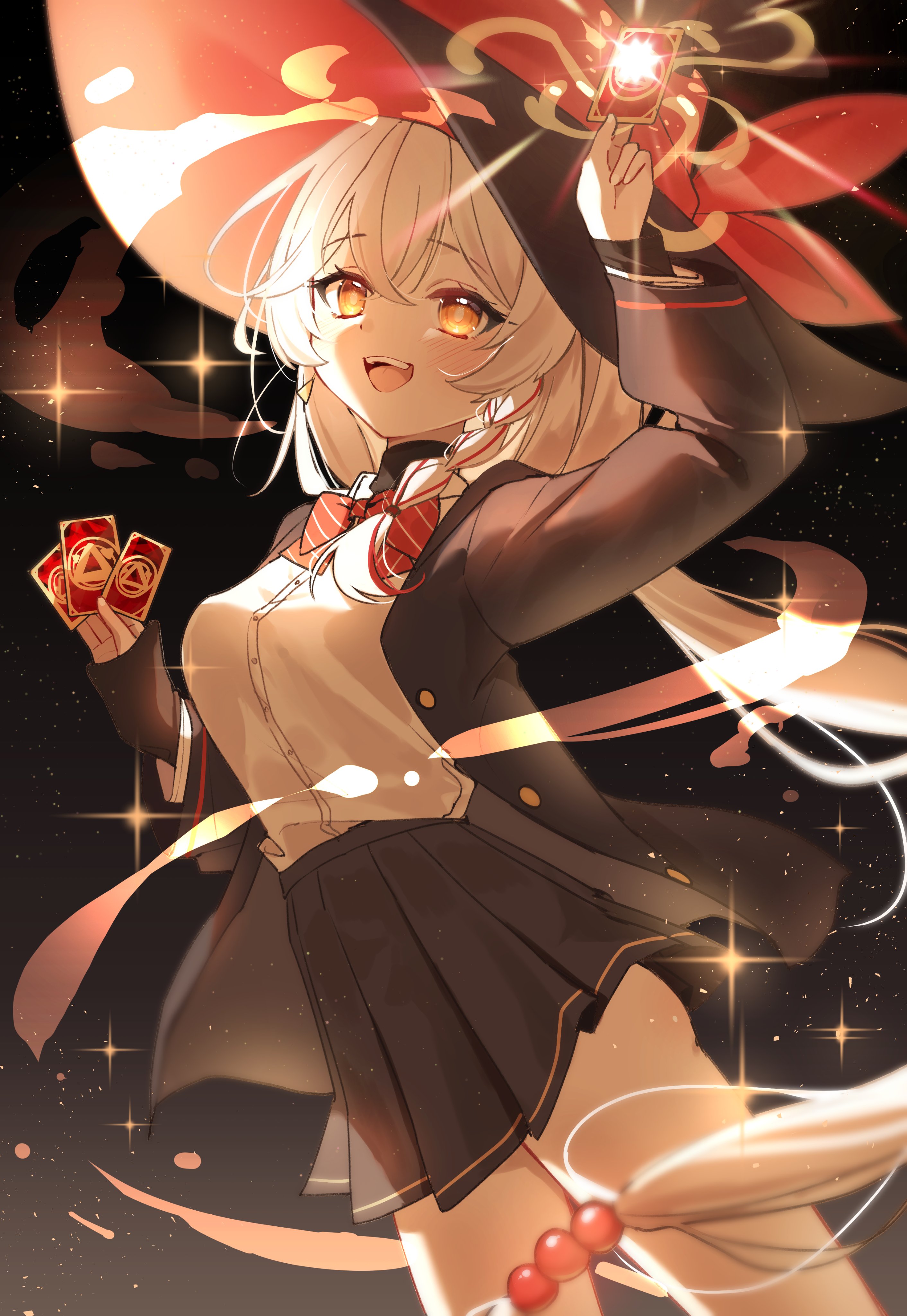 lovelykirby 125, eri (blue archive), blue archive, absurdres, highres, 1girl, breasts, card, grey jacket, grey skirt, hat, holding, holding card, jacket, large breasts, red ribbon, ribbon, shirt, skirt, tarot, tarot card, thighs, white hair, white shirt, witch hat, yellow eyes