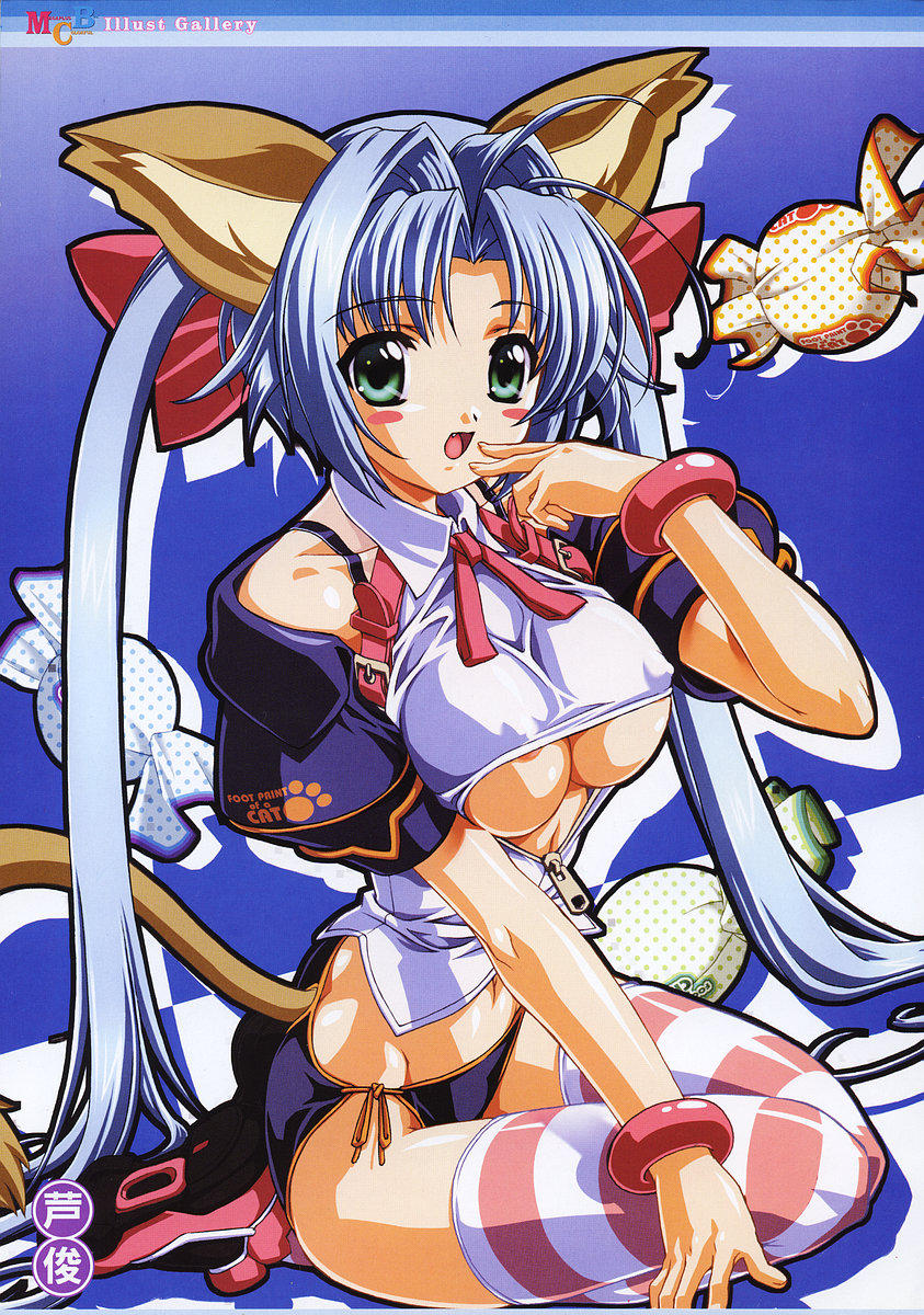 ashishun, highres, 1girl, animal ears, blue hair, bracelet, breasts, candy, cat ears, cat tail, cleavage, female focus, food, green eyes, jewelry, large breasts, panties, side-tie panties, solo, striped clothes, striped thighhighs, tail, thighhighs, twintails, underboob, underwear