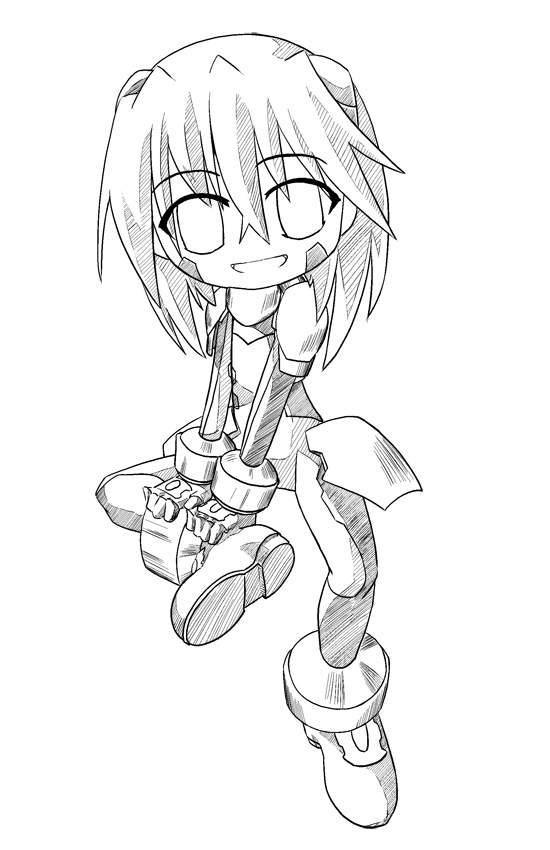 u-ka, yu lulu (uka), numbers (nanoha), sein (nanoha), lyrical nanoha, mahou shoujo lyrical nanoha, mahou shoujo lyrical nanoha strikers, eyebrows, uniform, 00s, 1girl, bodysuit, female focus, full body, greyscale, hair between eyes, headphones, looking at viewer, monochrome, simple background, sitting, skin tight, solo, white background