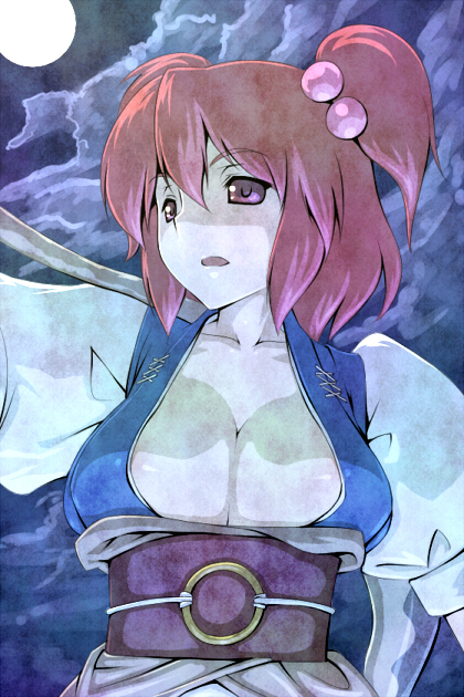 tro (trombe), onozuka komachi, touhou, bad id, bad pixiv id, 1girl, breasts, cleavage, cloud, female focus, japanese clothes, large breasts, moon, night, outdoors, sky, solo