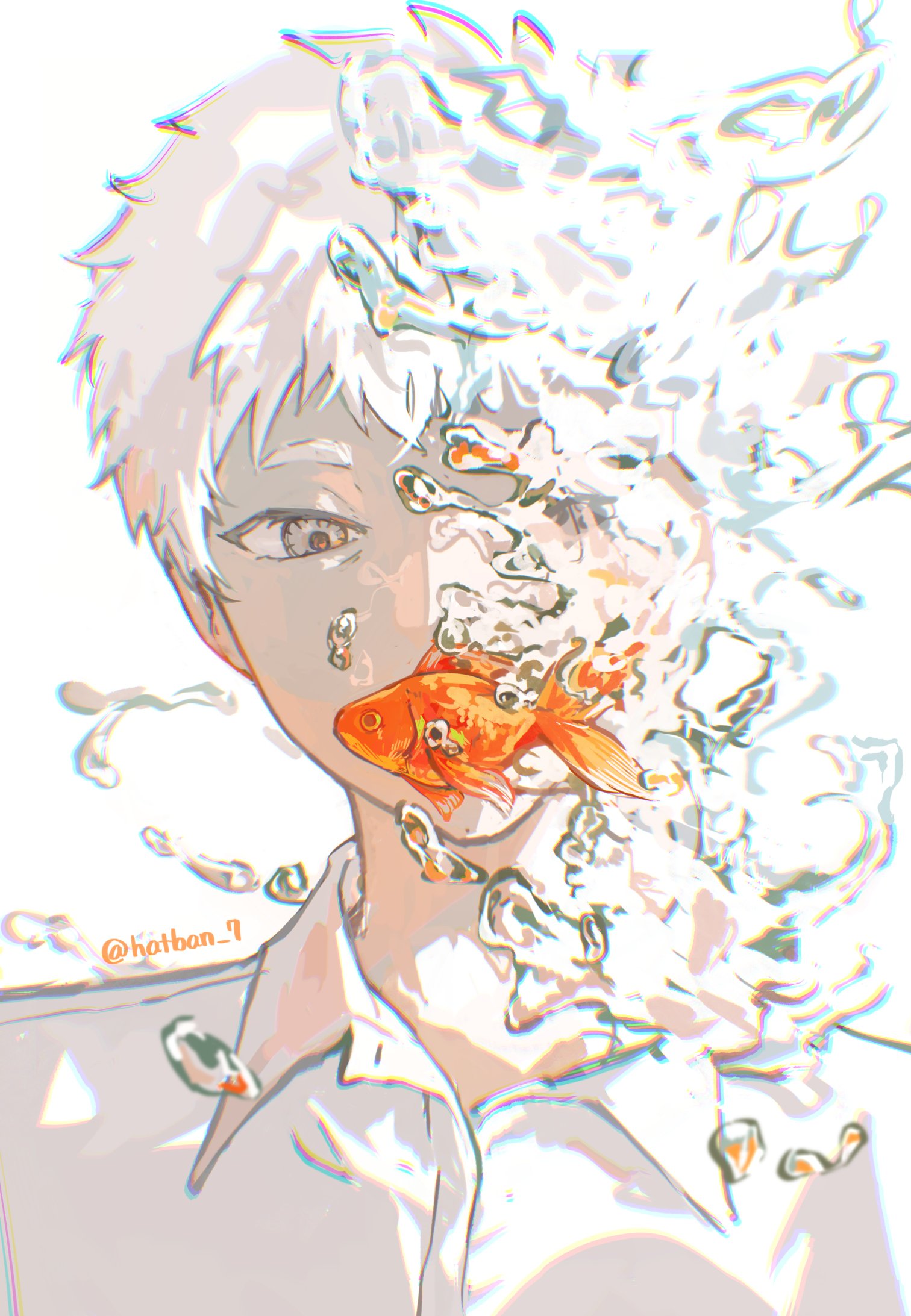 indou hikaru, hikaru ga shinda natsu, hashtag-only commentary, highres, 1boy, collared shirt, fish, goldfish, male focus, shirt, short hair, simple background, sinsaimdan32359, solo, twitter username, upper body, water, white background, white hair, white shirt