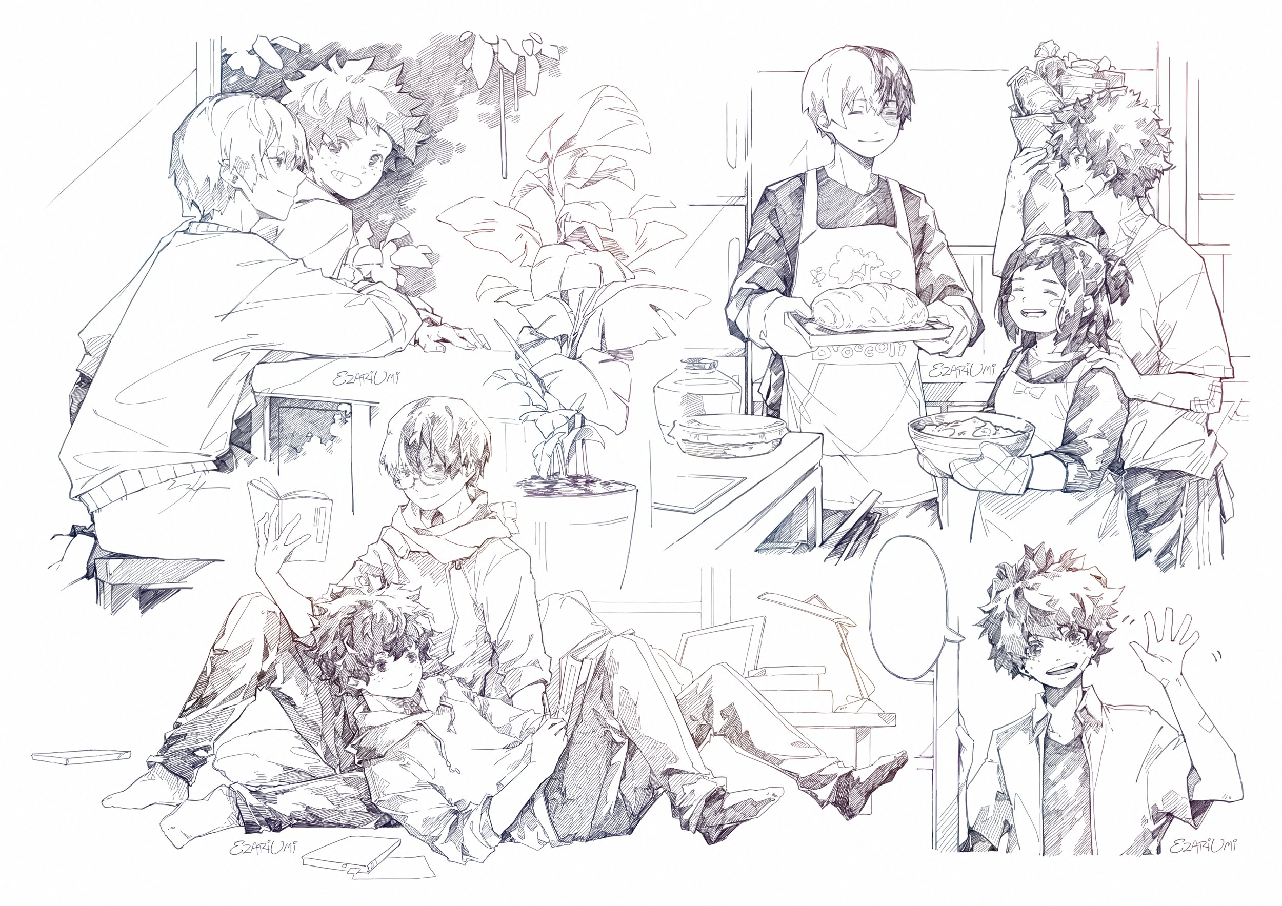 midoriya inko, midoriya izuku, todoroki shoto, boku no hero academia, bag, cooking, couple, curly hair, ezariumi, freckles, lying, multicolored hair, reading, scar, shopping bag, sitting, tododeku, two-tone hair