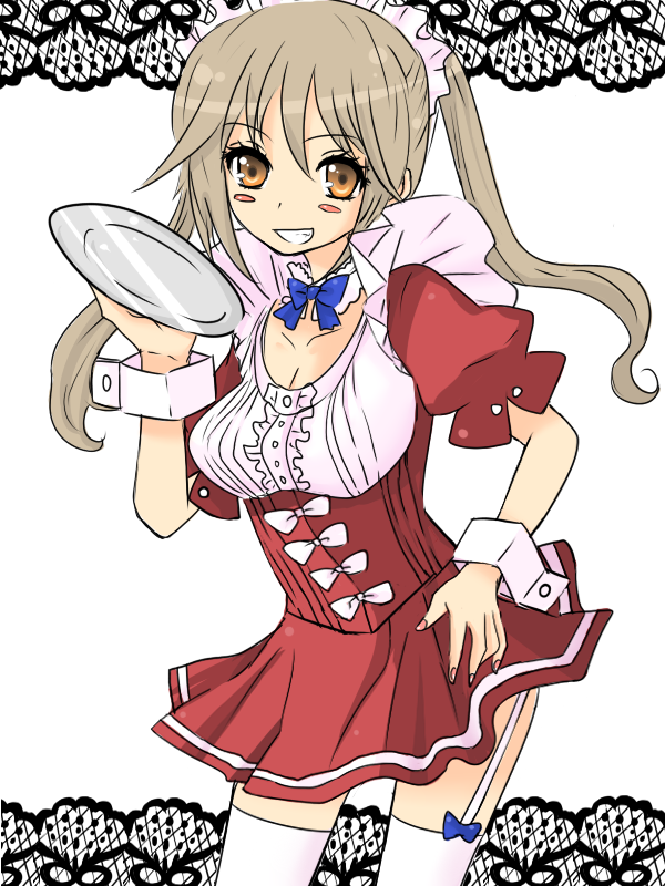 orange coffee, bad id, bad pixiv id, bow, bowtie, brown eyes, brown hair, garter belt, long hair, smile, solo, thighhighs, tray, twintails, waitress