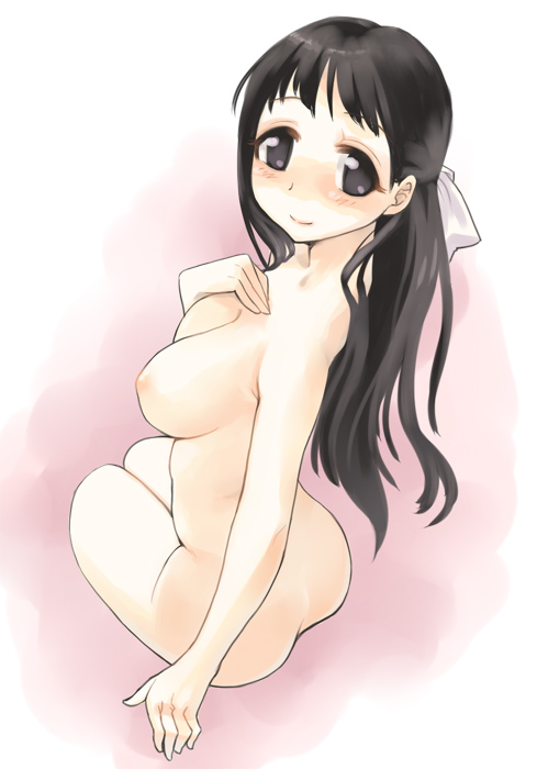 gk, original, bad id, bad pixiv id, 1girl, back, black eyes, black hair, blush, breasts, female focus, large breasts, long hair, looking back, nipples, nude, ribbon, smile, solo