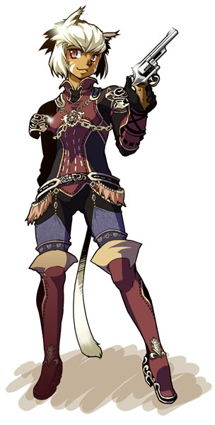 katy (artist), mithra (ff11), final fantasy, final fantasy xi, 00s, 1girl, animal ears, boots, female focus, full body, gun, handgun, pistol, revolver, short hair, smile, solo, tail, weapon, white hair