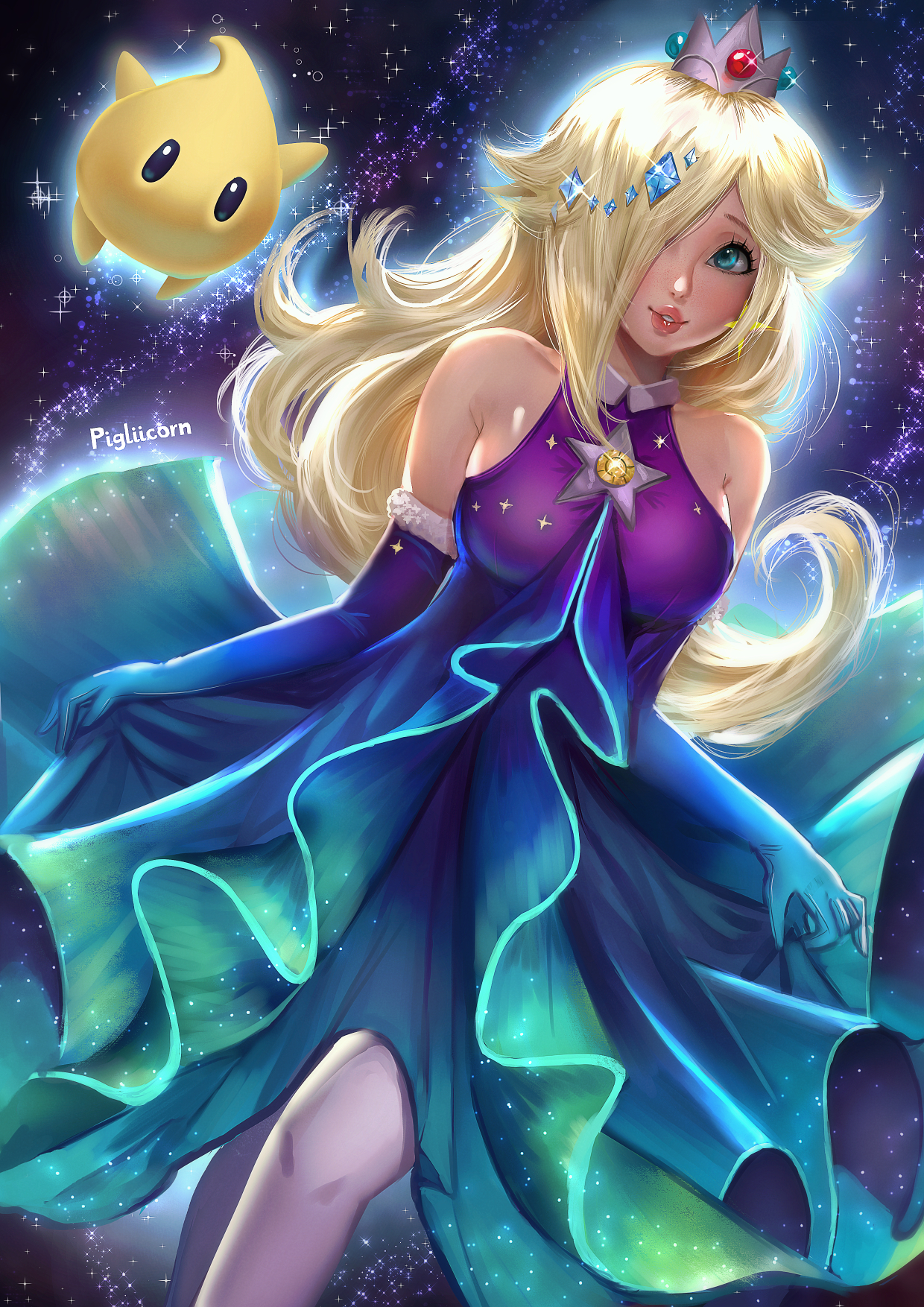 luma (mario), rosalina, rosalina (aurora), mario (series), mario kart, mario kart tour, nintendo, 1girl, 1other, artist name, bare shoulders, black background, blonde hair, blue eyes, blush, breasts, crown, detached sleeves, dress, gradient clothes, hair ornament, jewelry, large breasts, lips, long hair, official alternate costume, one eye covered, pixie dust, smile, space, star (sky), star (symbol), star ornament