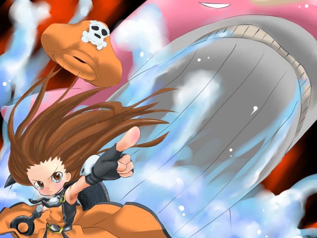 poncocchan, may (guilty gear), arc system works, guilty gear, 1girl, anchor, brown eyes, brown hair, female focus, fingerless gloves, gloves, hat, long hair, orange hat, orange shirt, pirate hat, pointing, pointing forward, shirt, skull and crossbones, solo, unworn hat, unworn headwear, water, whale, wind, wind lift