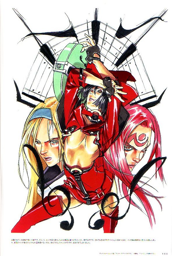 ishiwatari daisuke, baiken, i-no, millia rage, arc system works, guilty gear, guilty gear xx, official art, 3girls, black hair, blonde hair, boots, breasts, guitar, hairband, hat, headband, instrument, large breasts, midriff, multiple girls, pink hair, thighhighs, underboob