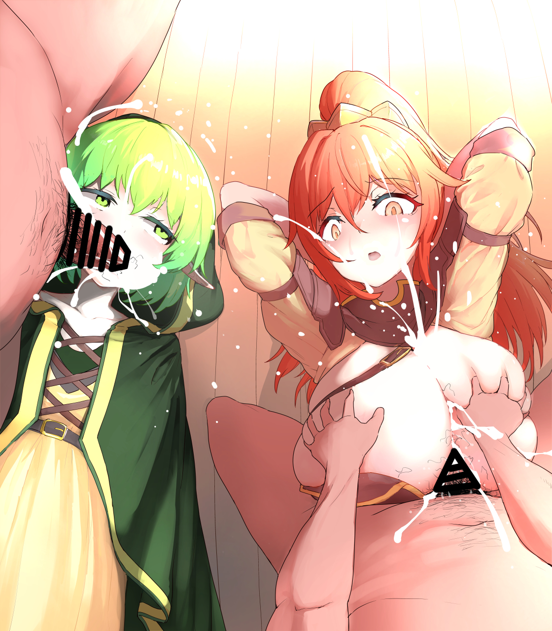 pt, nina (tensei kizoku), tensei kizoku no isekai boukenroku, 2boys, 2girls, arms up, bar censor, breasts, brown eyes, censored, clothed female nude male, clothed sex, cum, cum in mouth, cum on body, cum on breasts, cum on upper body, fellatio, grabbing another's breast, green eyes, green hair, groping, huge breasts, huge penis, long hair, lying, medium hair, milly (tensei kizoku), multiple boys, multiple girls, nude, open mouth, oral, paizuri, penis, ponytail, tongue