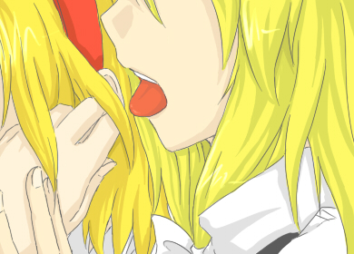 yomegane, alice margatroid, kirisame marisa, touhou, lowres, 2girls, blonde hair, female focus, hairband, licking, multiple girls, tongue, yuri