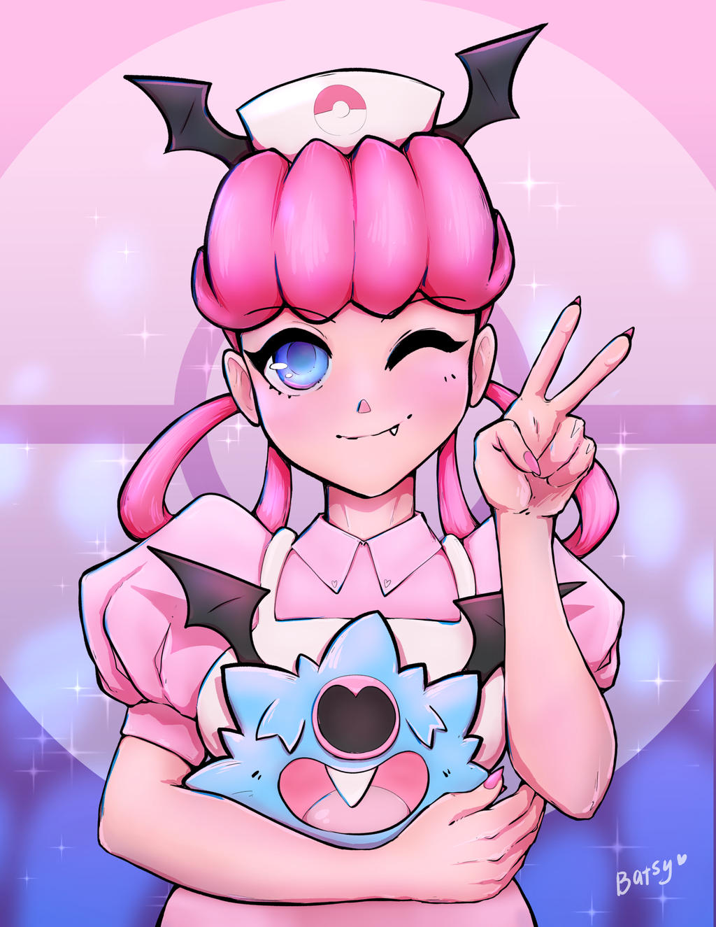 iheartbatsy, joy (pokemon), woobat, nintendo, pokemon, pokemon (anime), pokemon (classic anime), commentary, english commentary, highres, 1girl, ;), apron, artist name, bat wings, blue eyes, blush, closed mouth, covered eyes, fang, fingernails, gen 5 pokemon, hair rings, hat, heart, holding, holding pokemon, nail polish, nurse cap, one eye closed, open mouth, pink hair, pink nails, poke ball print, poke ball symbol, pokemon (creature), sharp fingernails, short sleeves, smile, sparkle, upper body, v, white apron, white hat, winged hat, wings