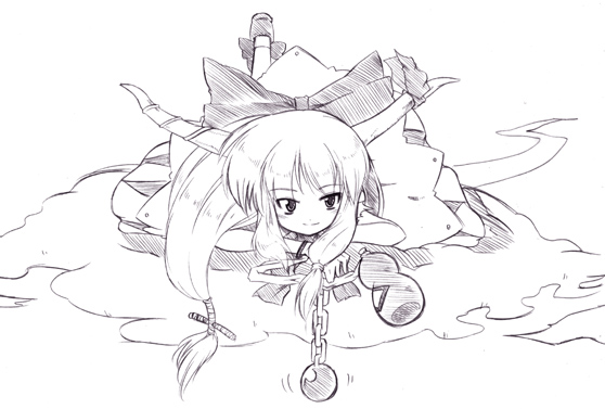 kiku hitomoji, tora tooru, toru tooru, ibuki suika, touhou, 1girl, female focus, greyscale, horns, monochrome, ribbon, smile, solo