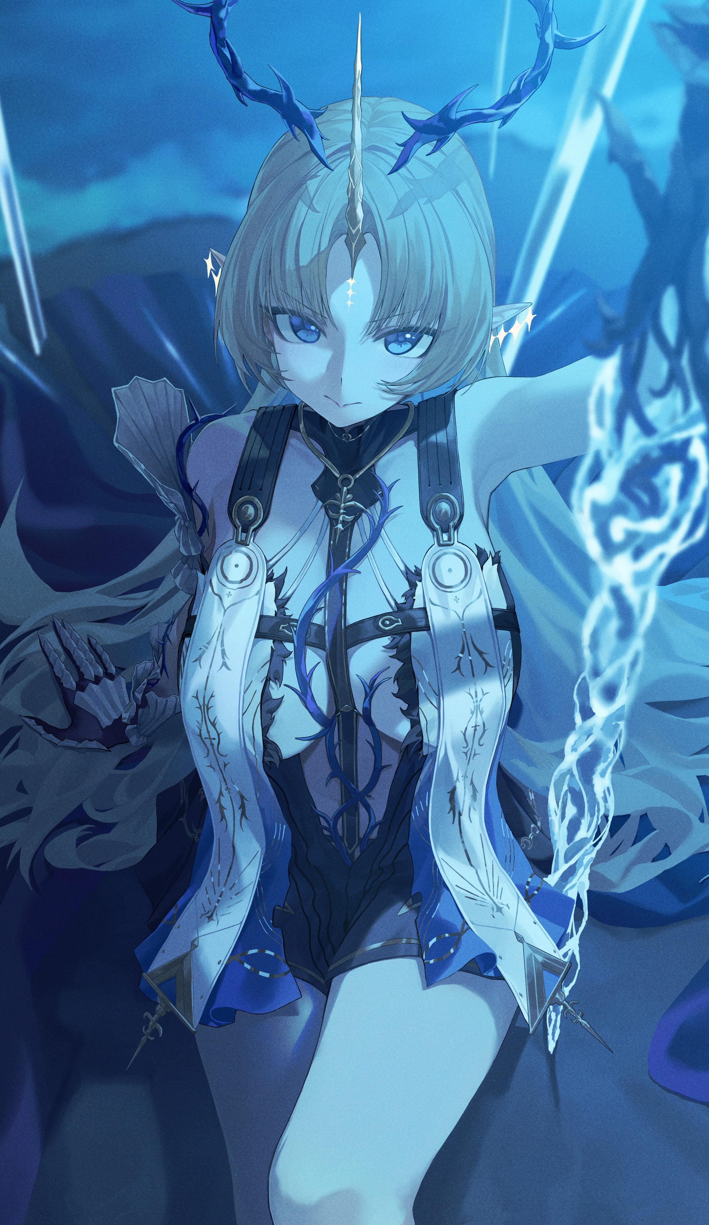zhihuigugudegezi, fleurdelys (wuthering waves), wuthering waves, absurdres, commentary, highres, 1girl, arm up, armored gloves, bare shoulders, black collar, black dress, blonde hair, blue eyes, breasts, closed mouth, collar, crown of thorns, dress, earrings, feet out of frame, floating earrings, from above, holding, holding sword, holding weapon, horns, jewelry, large breasts, long hair, long horns, looking at viewer, necklace, parted bangs, pointy ears, sidelocks, single horn, sitting, solo, sword, tacet mark (wuthering waves), thighs, very long hair, weapon, yellow horns