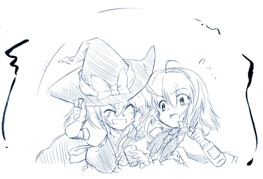kiku hitomoji, tora tooru, toru tooru, alice margatroid, kirisame marisa, touhou, 2girls, blue theme, drunk, female focus, hat, monochrome, multiple girls, witch, witch hat