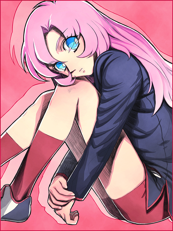 iwai ryou, tenjou utena, shoujo kakumei utena, 1990s (style), bike shorts, blue eyes, kneehighs, pink hair, retro artstyle, sitting, socks, solo