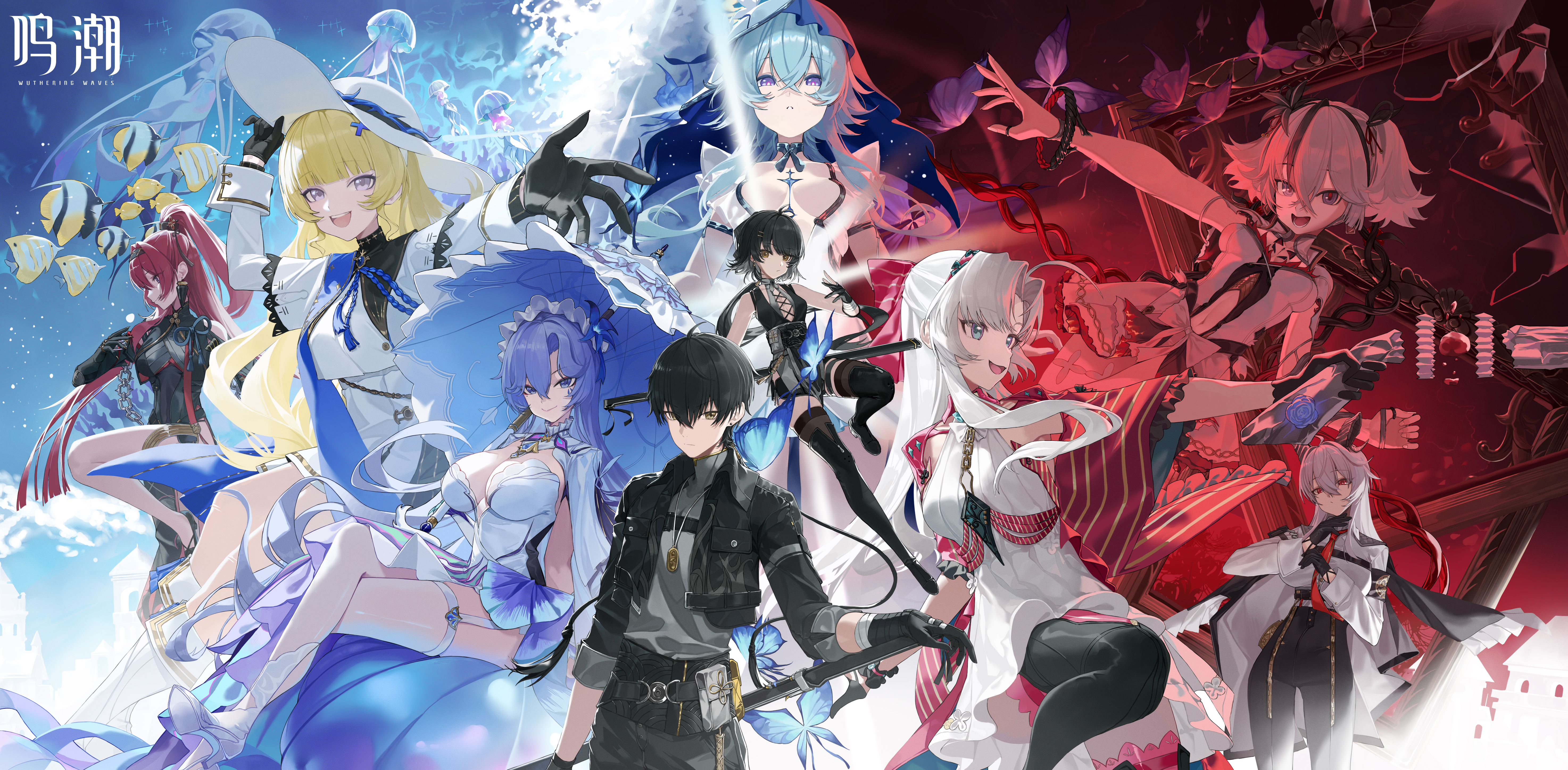 zhihuigugudegezi, camellya (wuthering waves), cantarella (wuthering waves), carlotta (wuthering waves), female rover (wuthering waves), male rover (wuthering waves), phoebe (wuthering waves), rover (wuthering waves), shorekeeper (wuthering waves), yinlin (wuthering waves), zani (wuthering waves), wuthering waves, absurdres, commentary, highres, 1boy, 6+girls, black bodysuit, black collar, black gloves, black hair, black horns, black jacket, black pants, blonde hair, blue flower, blue hair, blue sash, blue veil, bodysuit, bow, breasts, collar, crossed legs, curled horns, dress, flower, gloves, grey shirt, gun, hair between eyes, hair bow, hair flower, hair ornament, hair vines, hat, headdress, high-waist skirt, holding, holding gun, holding umbrella, holding weapon, horns, jacket, jellyfish, large breasts, logo, long hair, long sleeves, looking at viewer, medium breasts, multiple girls, open mouth, outstretched arm, pants, parasol, parted lips, pink bow, pink jacket, purple hair, purple umbrella, red hair, sash, shirt, short twintails, single thighhigh, skirt, smile, striped bow, thighhighs, thighs, twintails, two-tone veil, umbrella, veil, weapon, white dress, white hair, white hat, white shirt, white skirt, white veil