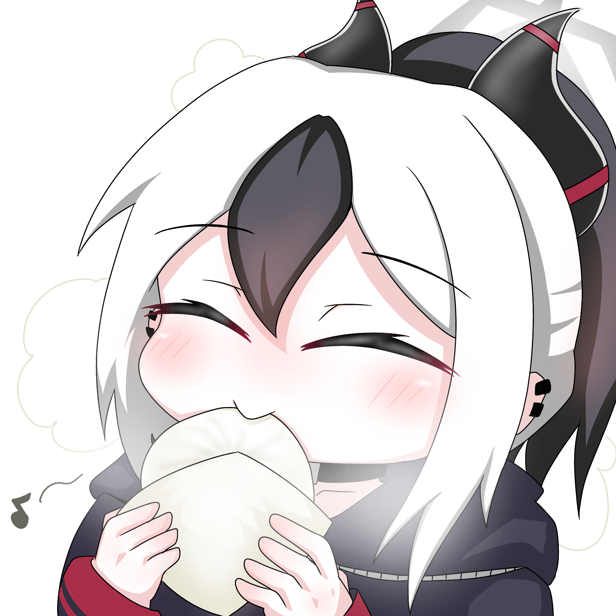 tomimon, kayoko (blue archive), blue archive, commentary request, highres, 1girl, ^ ^, black choker, black hair, black hoodie, blush, choker, closed eyes, closed mouth, collarbone, ear piercing, eighth note, food, halo, hands up, holding, holding food, hood, hood down, hoodie, horns, multicolored hair, musical note, piercing, ponytail, simple background, solo, steamed bun, two-tone hair, upper body, white background, white hair