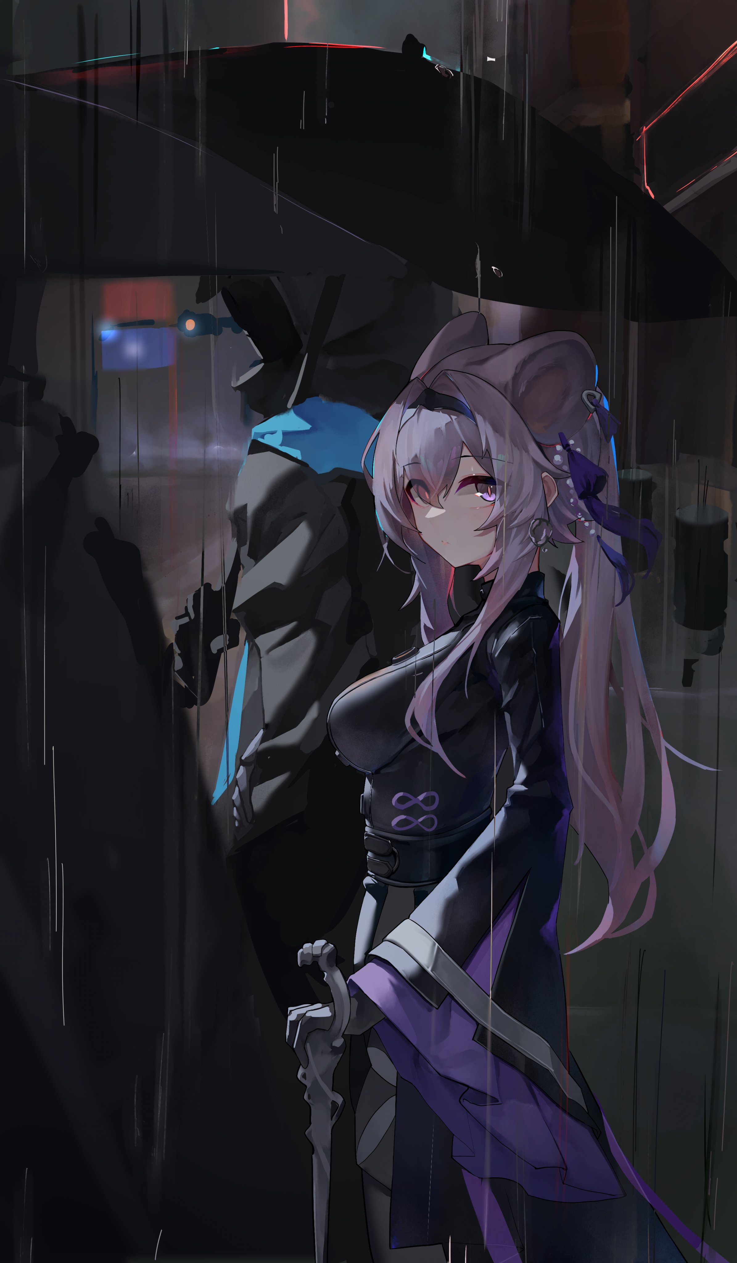 aoria, doctor (arknights), lin (arknights), arknights, absurdres, highres, 1girl, animal ears, black umbrella, breasts, holding, holding umbrella, large breasts, looking at viewer, mouse ears, mouse girl, purple eyes, purple hair, umbrella