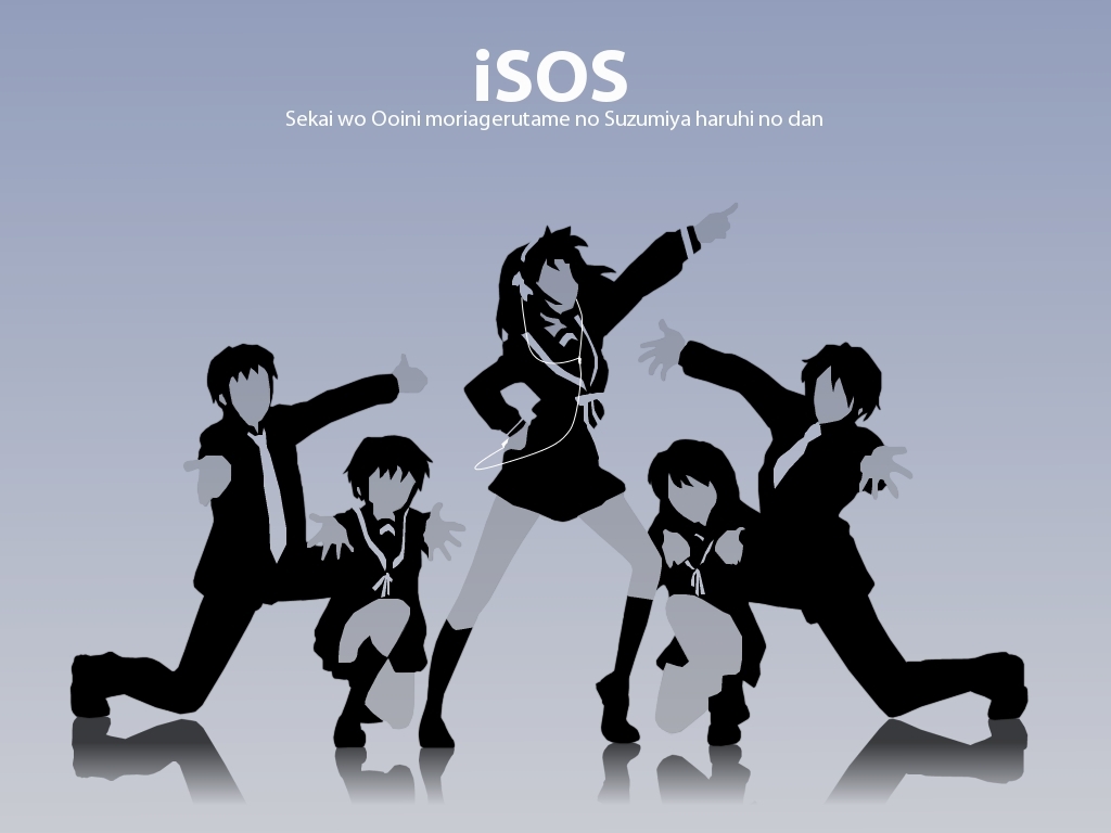 asahina mikuru, koizumi itsuki, kyon, nagato yuki, suzumiya haruhi, suzumiya haruhi no yuuutsu, 00s, 2boys, 3girls, blue theme, digital media player, ipod, ipod ad, monochrome, multiple boys, multiple girls, romaji text, school uniform, serafuku, silhouette