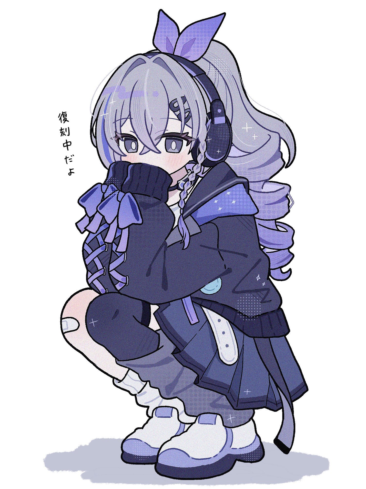 omuyan, silver wolf (honkai: star rail), honkai: star rail, honkai (series), highres, 1girl, asymmetrical legwear, bandaid, bandaid on knee, bandaid on leg, black jacket, blue skirt, blush, braid, covering own mouth, drill hair, grey eyes, grey hair, hair between eyes, hair ornament, hairclip, headphones, high ponytail, jacket, long hair, looking at viewer, loose socks, multicolored hair, pleated skirt, ponytail, purple hair, simple background, skirt, sleeves past wrists, socks, solo, squatting, thighhighs, white background
