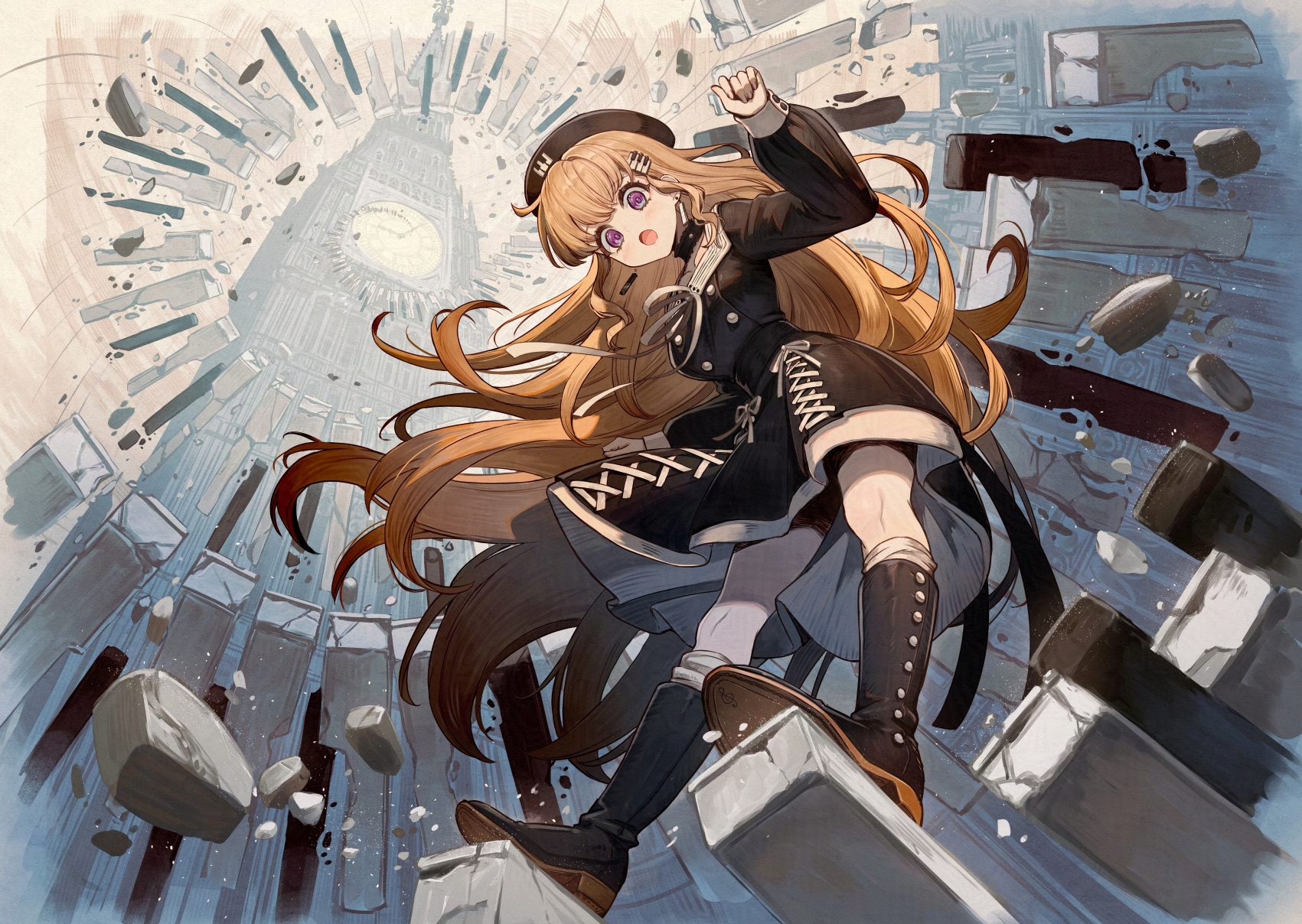 kuroi susumu, commentary request, copyright request, highres, official art, 1girl, black dress, black hat, black shorts, boots, brown boots, dress, elizabeth tower, from below, grey pantyhose, hat, knee boots, long hair, long sleeves, looking at viewer, looking down, orange hair, pantyhose, piano hair ornament, piano keys, purple eyes, shorts, shorts under skirt, single leg pantyhose, solo, surprised, very long hair