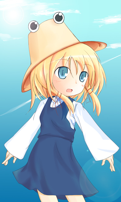 asaka midori, moriya suwako, touhou, 1girl, bad anatomy, blonde hair, blue eyes, blush, cloud, female focus, hat, poorly drawn, ribbon, short hair, sky, solo