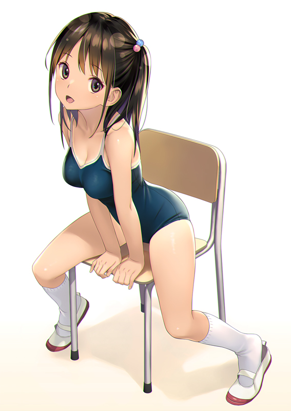 koutaro, original, commentary request, 1girl, :d, arm support, bare arms, bare shoulders, black hair, blue one-piece swimsuit, breasts, brown eyes, chair, cleavage, collarbone, competition school swimsuit, full body, hair bobbles, hair ornament, long hair, looking at viewer, medium breasts, on chair, one-piece swimsuit, one side up, open mouth, school chair, school swimsuit, shoes, sitting, smile, socks, solo, swimsuit, tan, tanline, uwabaki, white background, white shoes, white socks