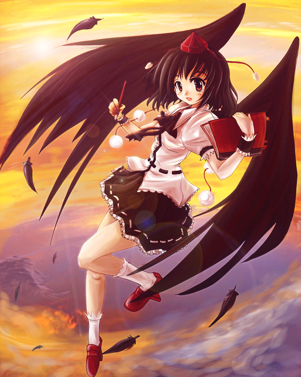 don (102558), shameimaru aya, touhou, highres, 1girl, black hair, black wings, book, feathers, female focus, flying, geta, hat, looking at viewer, open mouth, pen, short hair, sky, solo, sunset, tengu-geta, wings, wrist cuffs, wristband