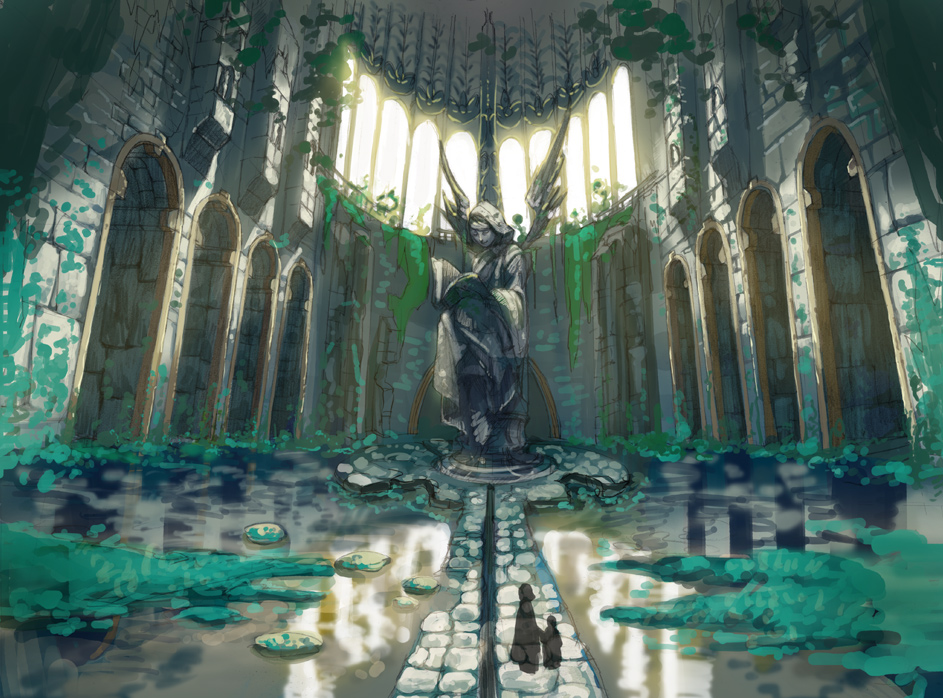 yamakawa, light, panorama, arch, architecture, backlighting, book, church, fantasy, ghost, green theme, indoors, muted color, no humans, overgrown, perspective, reflection, robe, room, roomscape, ruins, scenery, smile, statue, sunlight, water, window, wings