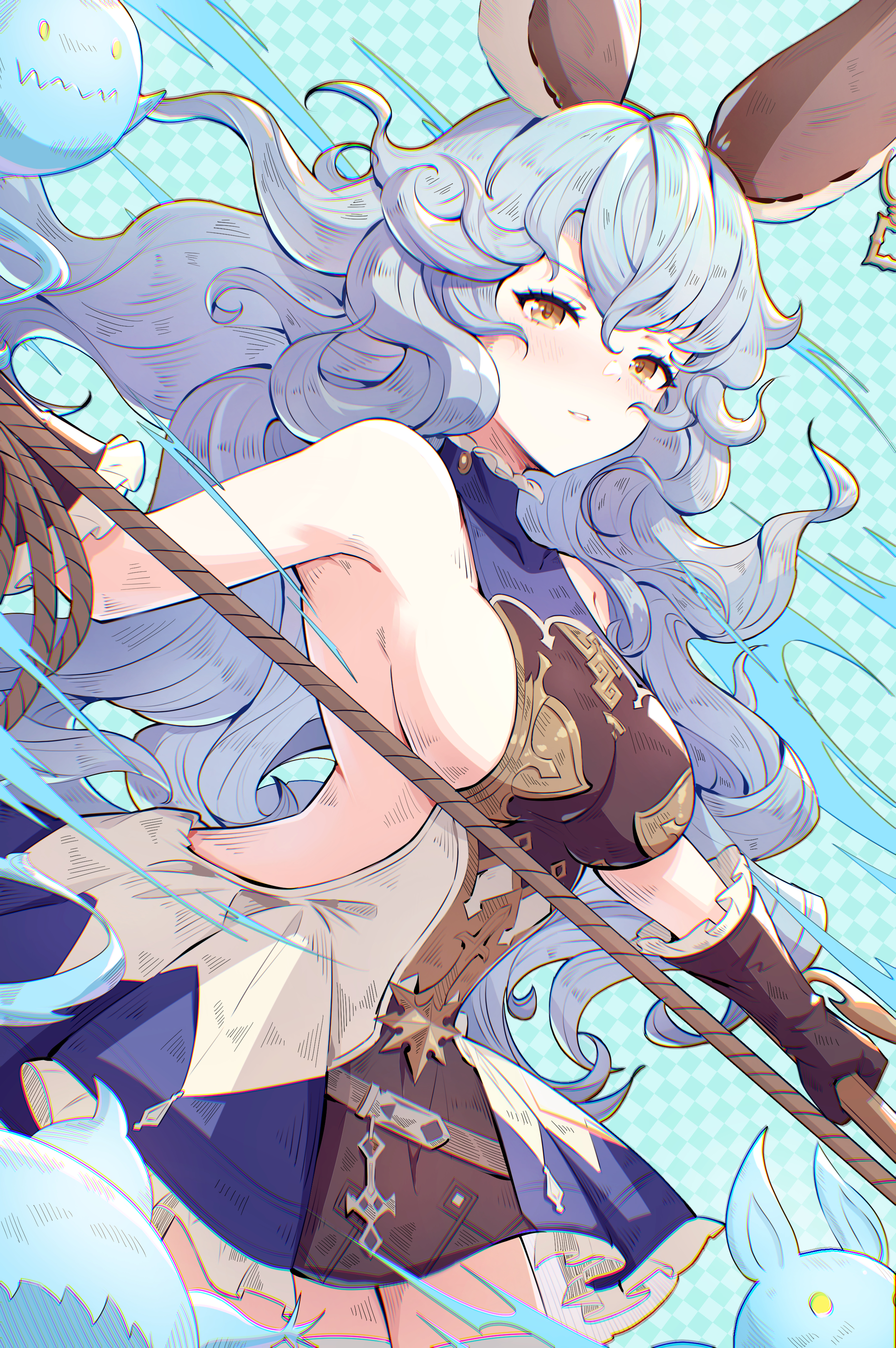 kumo33, ferry (granblue fantasy), geegee (granblue fantasy), granblue fantasy, absurdres, commentary, highres, 1girl, blue background, blue hair, blue skirt, breasts, checkered background, erune, holding, holding whip, large breasts, long hair, looking at viewer, sideless outfit, skirt, standing, thighhighs, thighs, whip, white thighhighs, yellow eyes