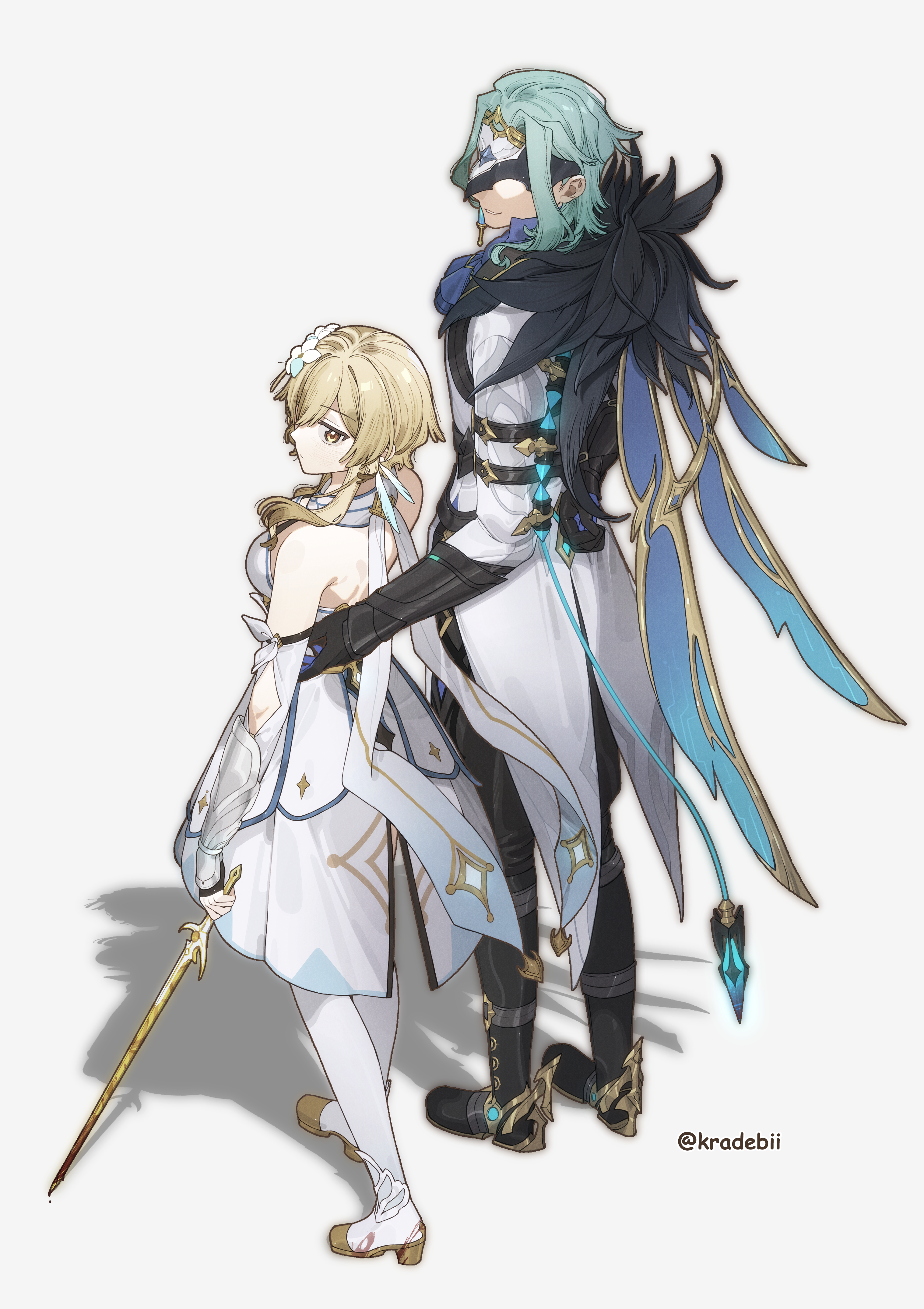 kradebii, dottore (genshin impact), lumine (genshin impact), genshin impact, absurdres, commentary, english commentary, highres, mixed-language commentary, 1boy, 1girl, aqua hair, arm around back, backless dress, backless outfit, black pants, blonde hair, coat, couple, dress, evil smile, feathers, frown, half mask, hetero, holding, holding sword, holding weapon, mask, pants, pantyhose, scarf, shadow, smile, sword, tailcoat, twitter username, weapon, white coat, white dress, white pantyhose, white scarf, yellow eyes
