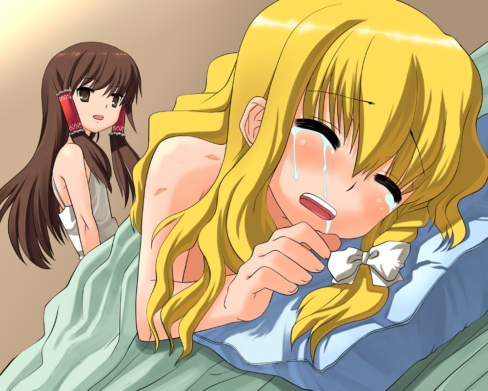 okina ika, hakurei reimu, kirisame marisa, touhou, bad id, bad pixiv id, 2girls, bed sheet, blonde hair, female focus, foreshortening, hair ribbon, hair tubes, hickey, japanese clothes, lipstick mark, long hair, miko, multiple girls, naked sheet, nude, ribbon, ruined for marriage, sidelocks, tears, yuri